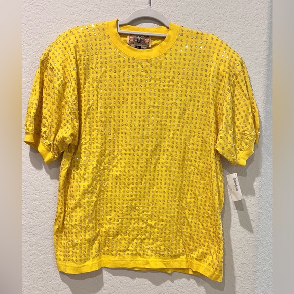 Vintage 1990 Gene Ewing Yellow Sequin Short Sleeve Top Removable Shoulder Pads - Picture 1 of 11